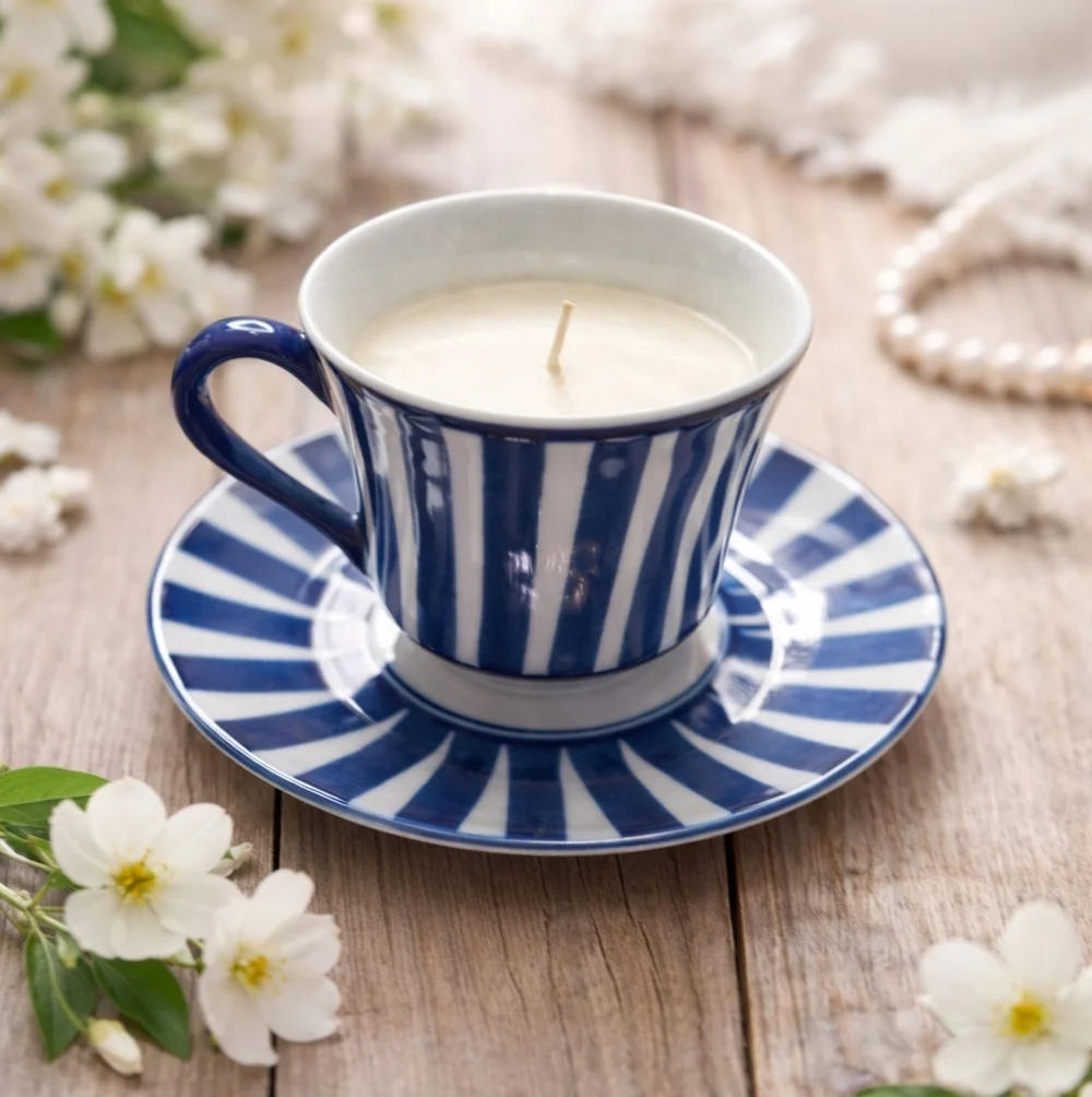 Blue White Striped Teacup Candle Decor